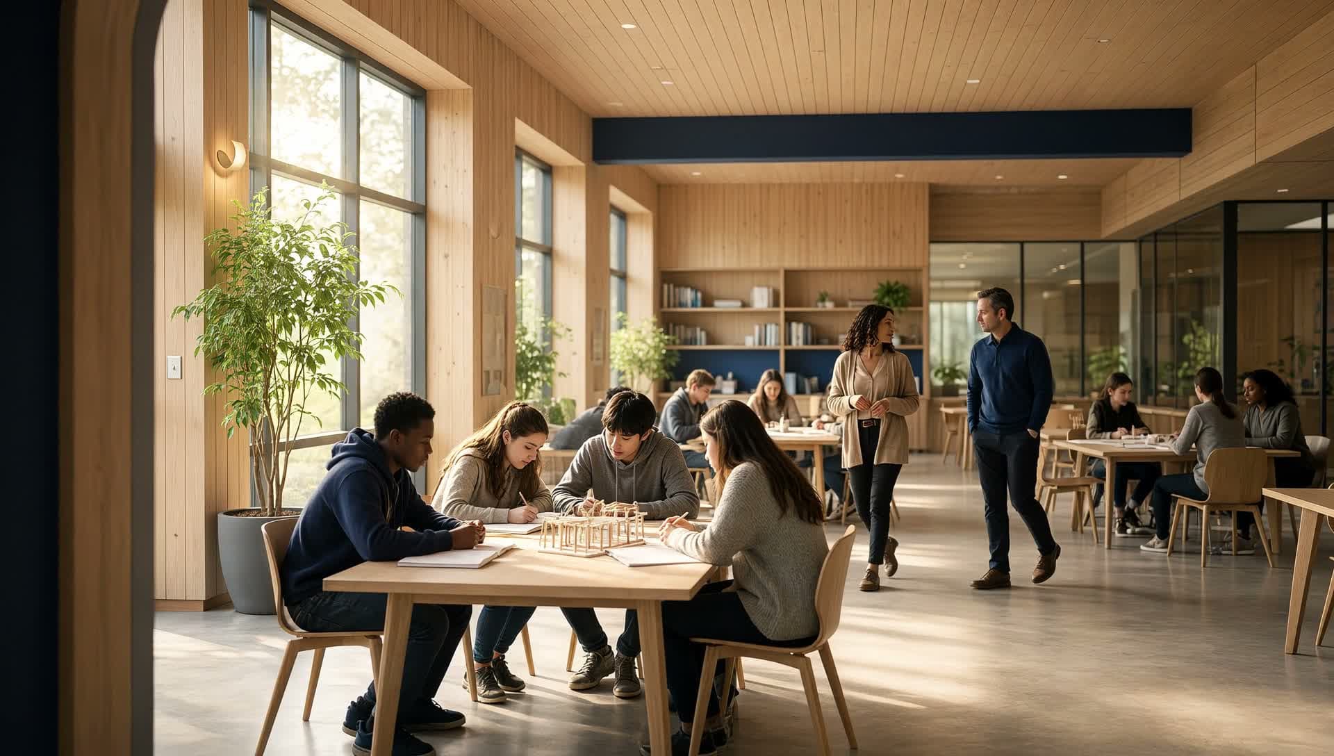 An imagined school space with light moving through a connected learning environment
